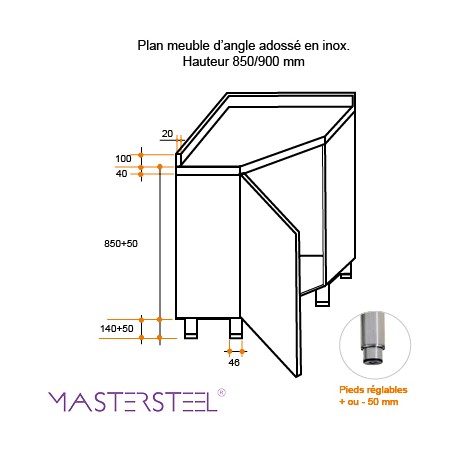 Mueble rinconero de acero inoxidable Prof.600 con protección contra salpicaduras - v2