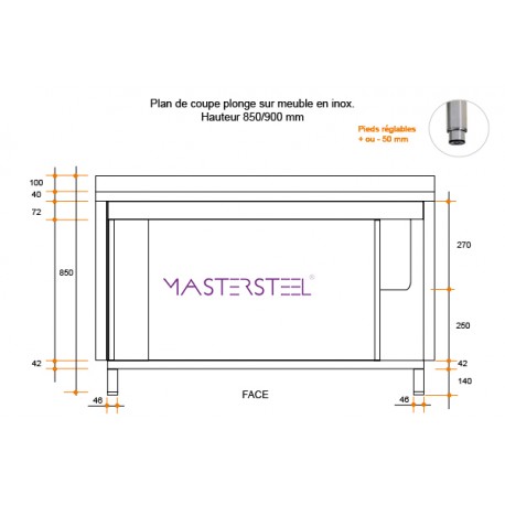 Fregadero de acero inoxidable sobre mueble 2 piletas 1800 X 700 X 850 MM (L x P x A) ESC izquierda - v2