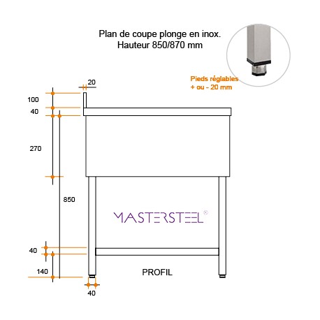 Fregadero de acero inoxidable esp LV 1400 X 600 X 850 MM (L x P x A) ESC izquierda 1 pileta - v4