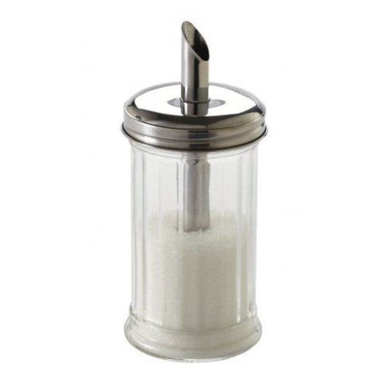 Dispensador de azúcar redondo de cristal y acero inoxidable 16,5 cm