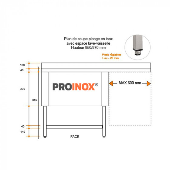 Fregadero de acero inoxidable esp LV 1400 X 600 X 850 MM (L x P x A) ESC derecho 1 pileta - v3