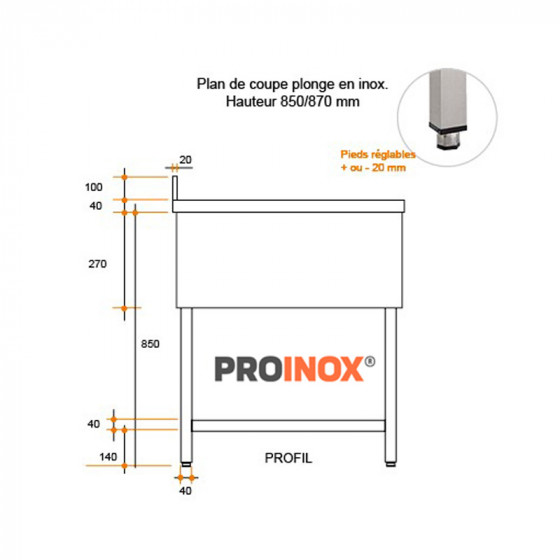 Fregadero de acero inoxidable esp LV 1400 X 600 X 850 MM (L x P x A) ESC derecho 1 pileta - v4
