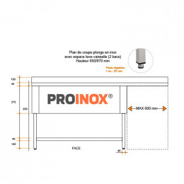 Fregadero de acero inoxidable esp LV 1600 X 700 X 850 MM (L x P x A) ESC izquierda 2 piletas - v2