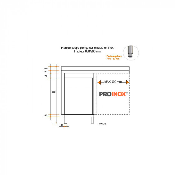 Fregadero de acero inoxidable sobre mueble esp. LV 1200 X 600 X 850 MM (L x P x A) ESC derecho 1 pileta - v2