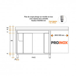 Fregadero de acero inoxidable sobre mueble esp. LV 1600 X 600 X 850 MM (L x P x A) ESC derecho 2 piletas - v2