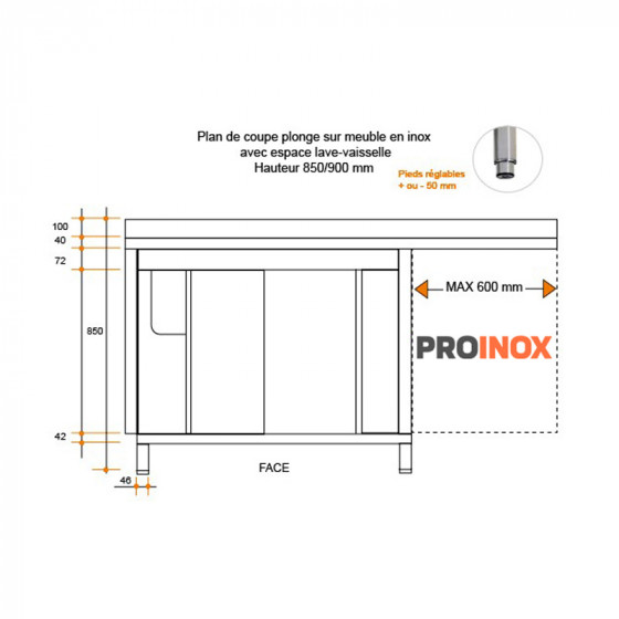 Fregadero de acero inoxidable sobre mueble esp. LV 1600 X 600 X 850 MM (L x P x A) ESC derecho 2 piletas - v2