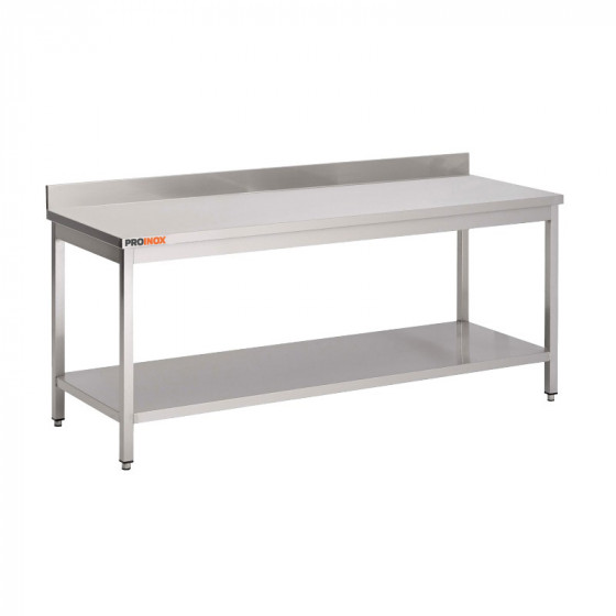 Mesa adosada de acero inoxidable de 1200 x 600 x 850 mm (L x P x A) con estante bajo