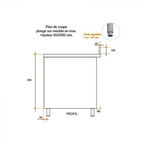 Fregadero de acero inoxidable sobre mueble 1 pileta 1000 X 600 X 850 MM (L x P x A) ESC izquierda - v3