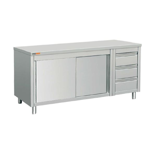 Mueble acero inoxidable central con 3 cajones a la derecha 1600 X 700 X 850 MM (L x P x A)